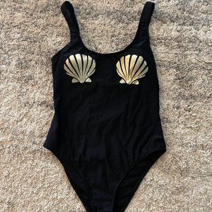 Black Gold Foil Sea Shell Bathing Suit Funny Sexy Womans sz Medium